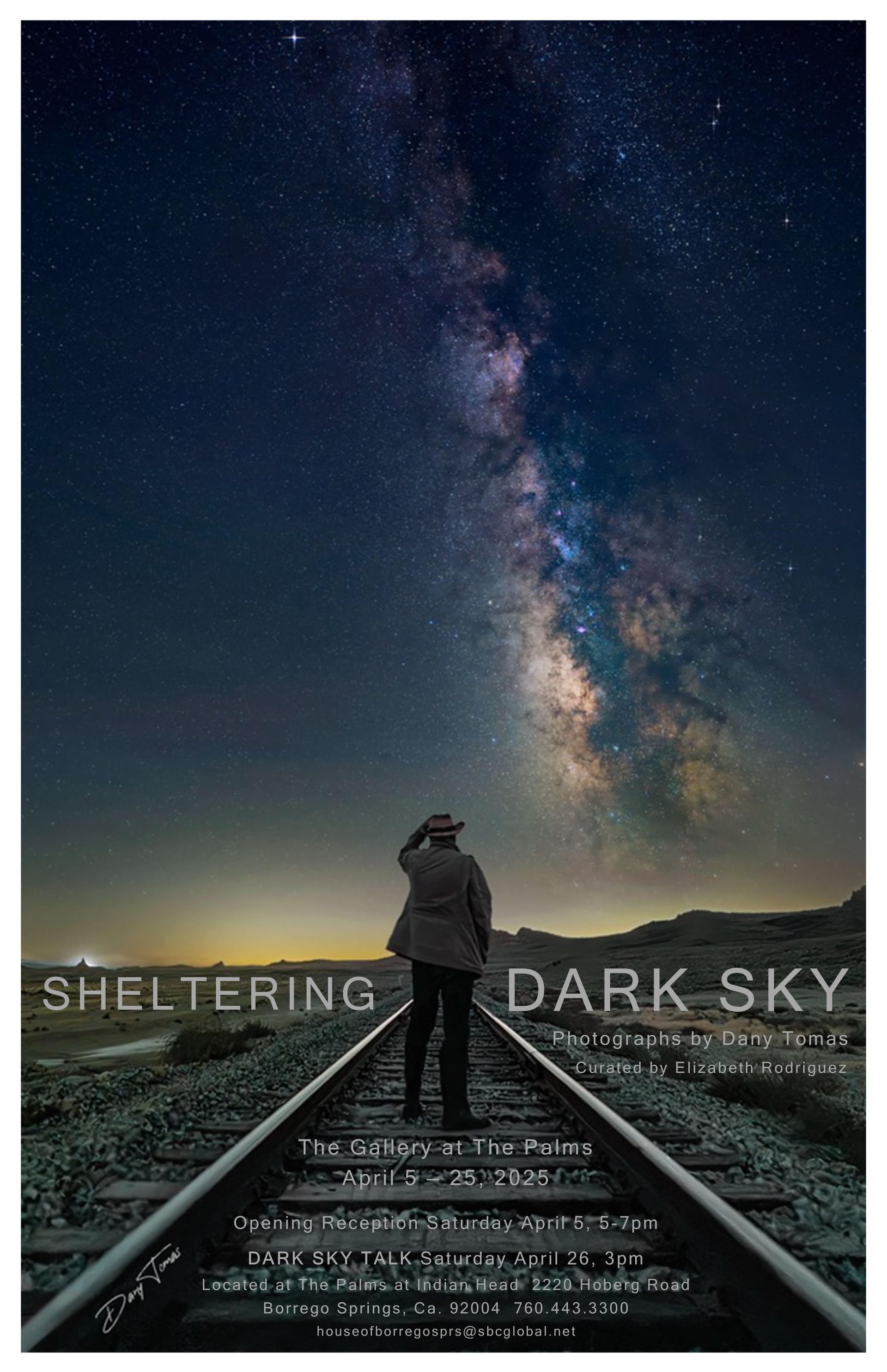 Person on railroad tracks under a starry Milky Way sky, with “Sheltering Dark Sky” text.