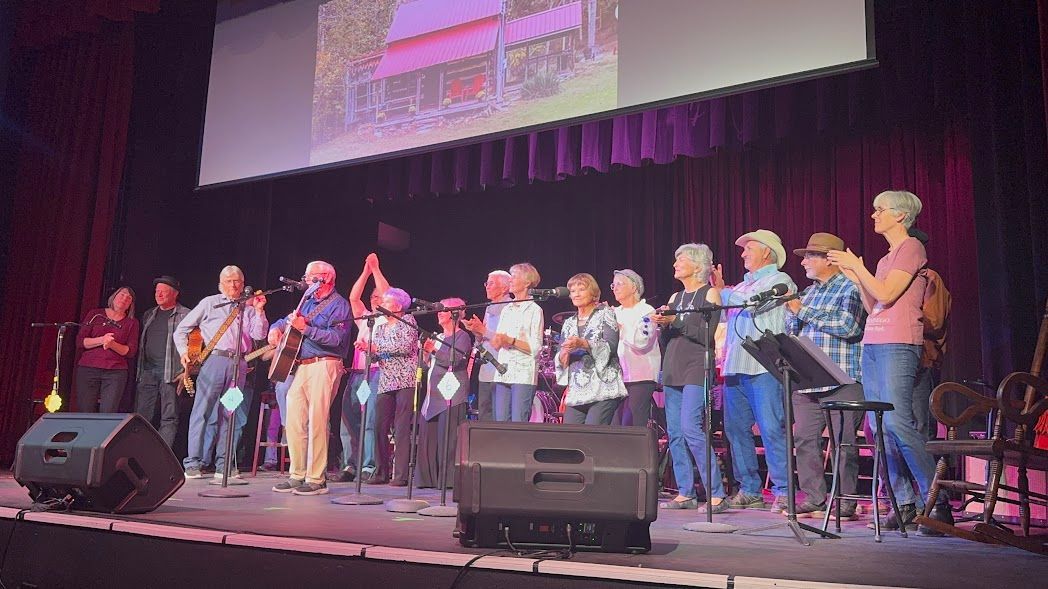 Group of people singing and playing instruments on a theater stage with purple curtains and microphones