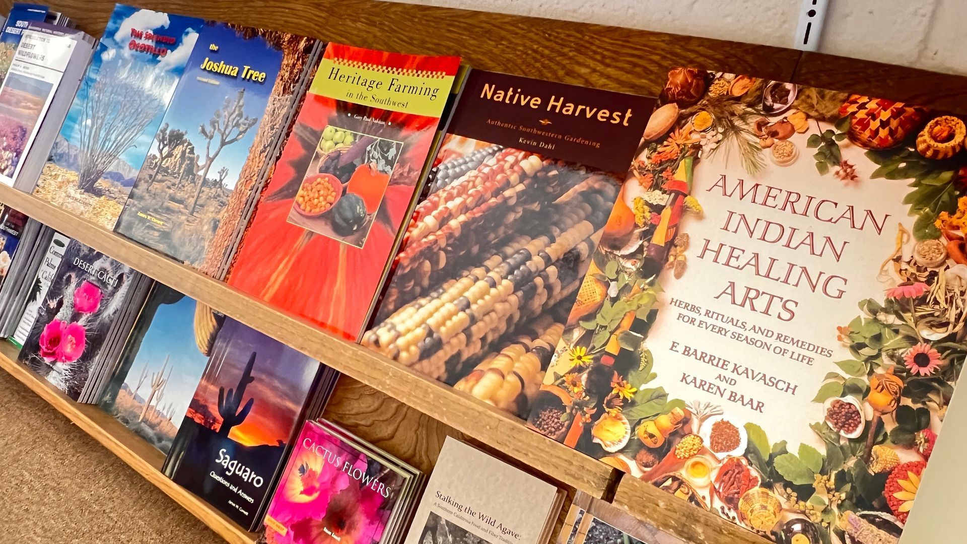 Books displayed on a wooden shelf, including colorful travel and cooking titles.