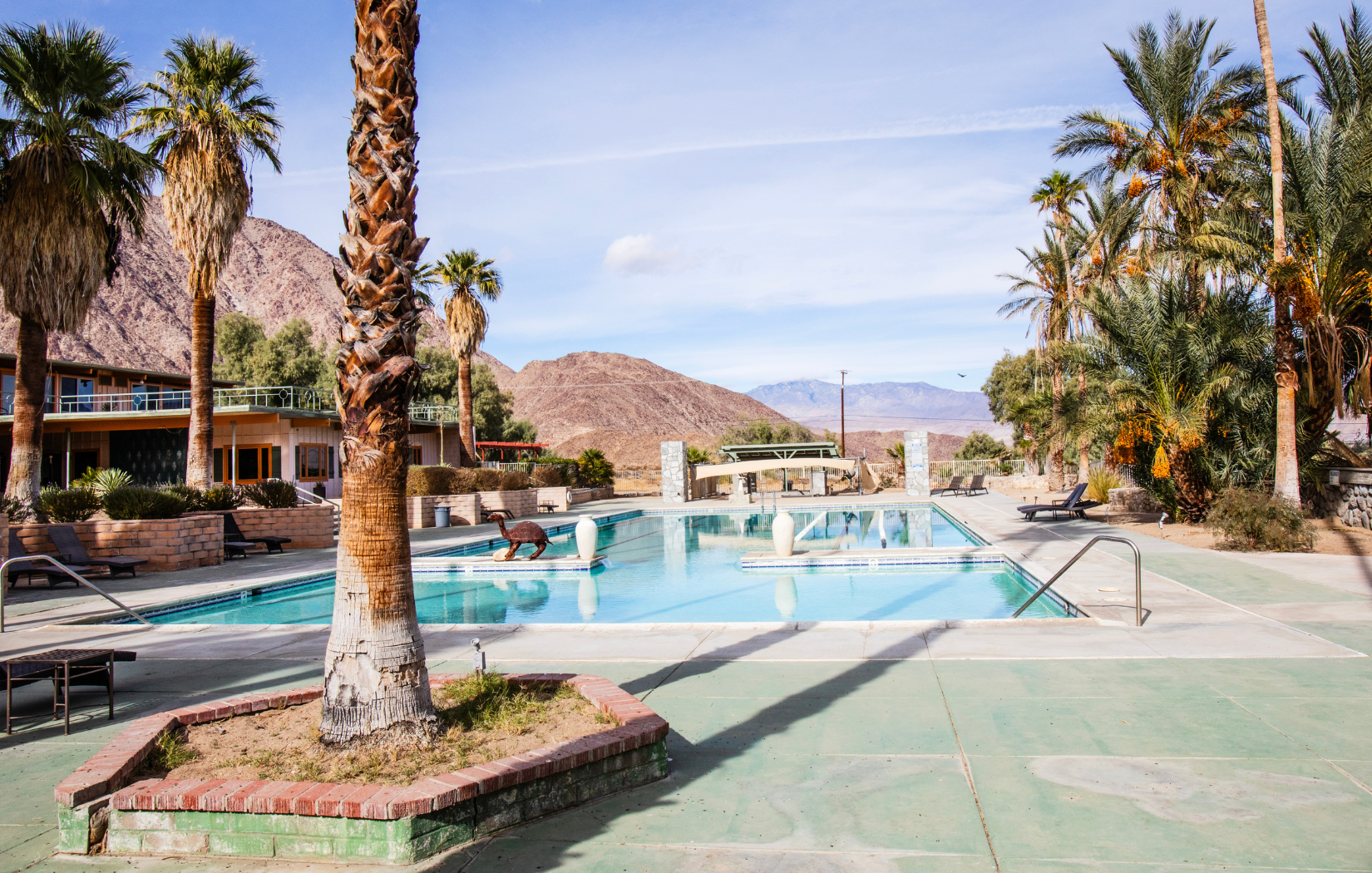 Palm-lined resort pool with clear blue water, lounge chairs, and desert mountains in the background