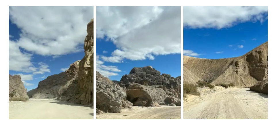 Rocky desert canyon under a blue sky with scattered clouds, shown in three side-by-side views