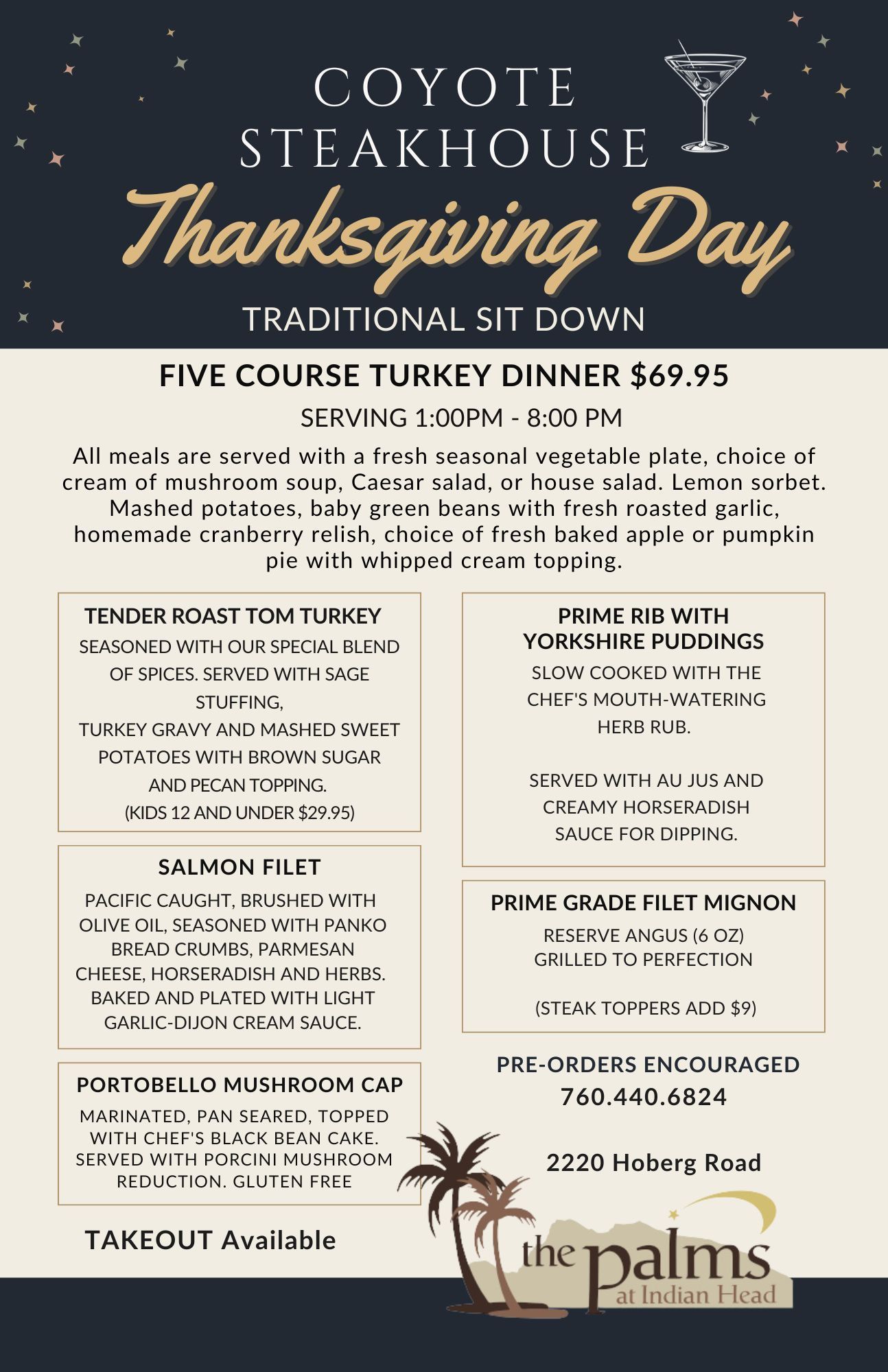 Download Menu Experience a memorable Thanksgiving celebration at The Palms at Indian Head in Borrego Springs.