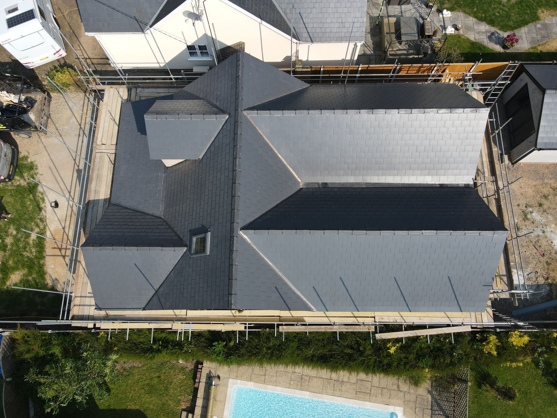 Large slated roof with triple apex