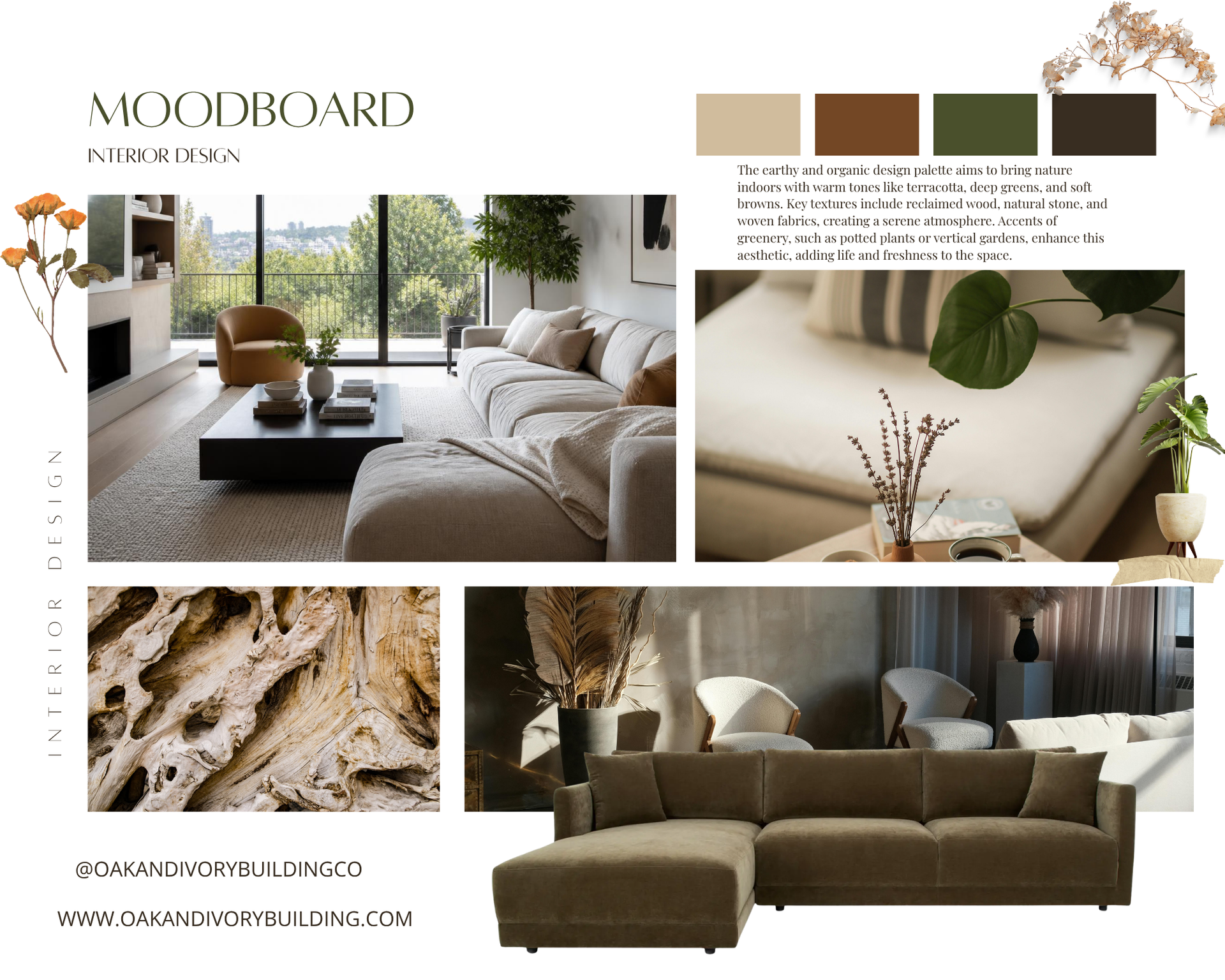 Neutral beige living room mood board with sofa, wood accents, greenery, and earthy color swatches