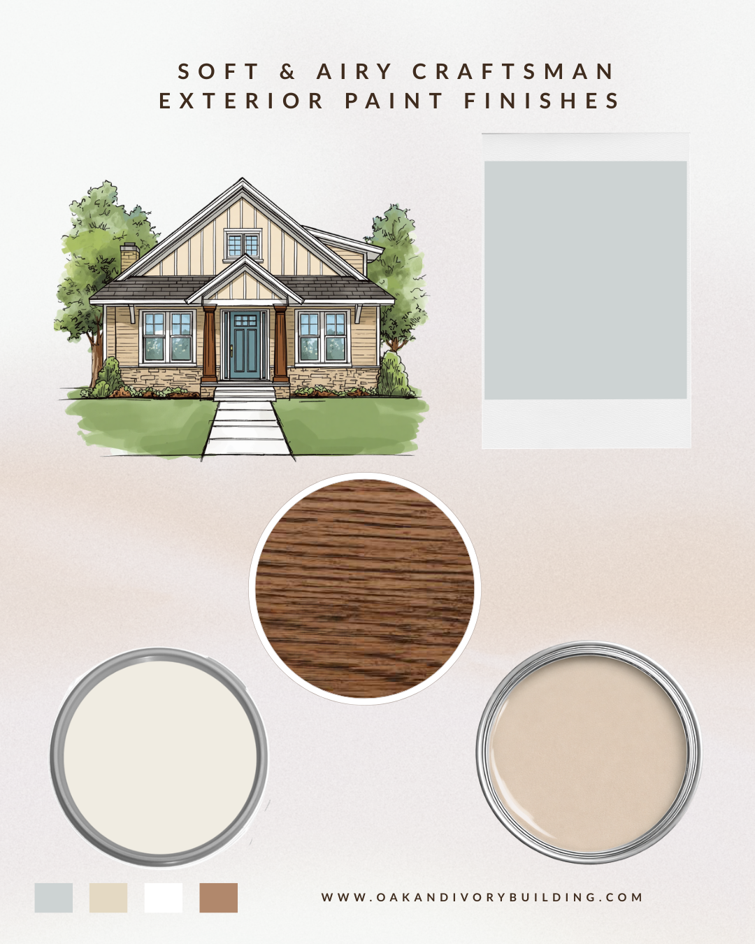 Soft air craftsman exterior paint finishes palette with house illustration and neutral color swatches