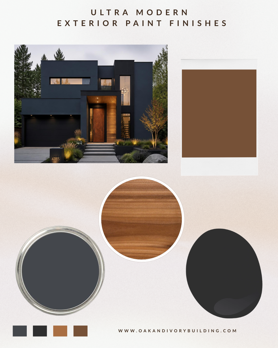 Modern exterior paint finishes mood board with dark home, brown, gray, and wood swatches.
