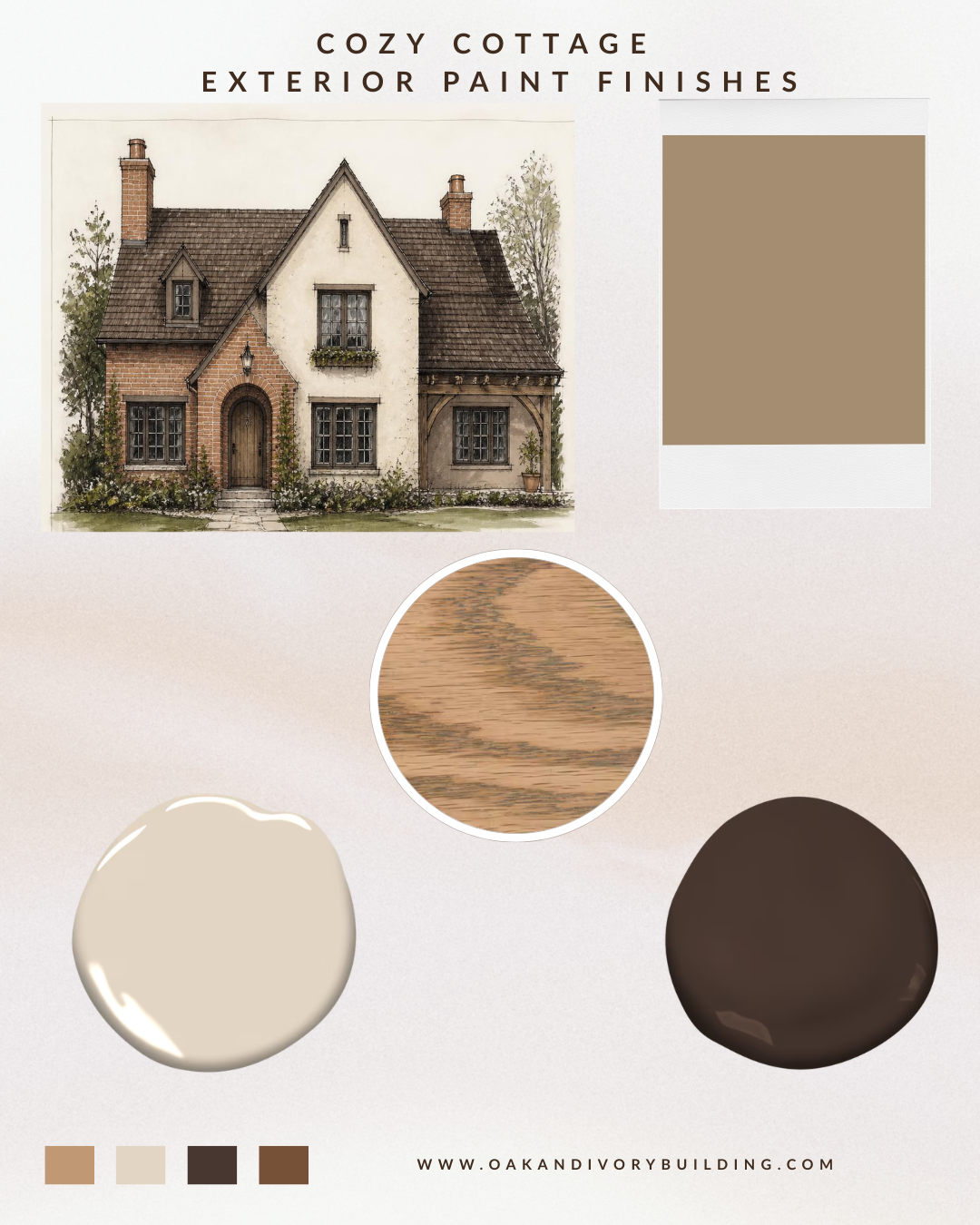 Cozy cottage exterior paint finishes sample with beige, wood, and brown color swatches and house illustration