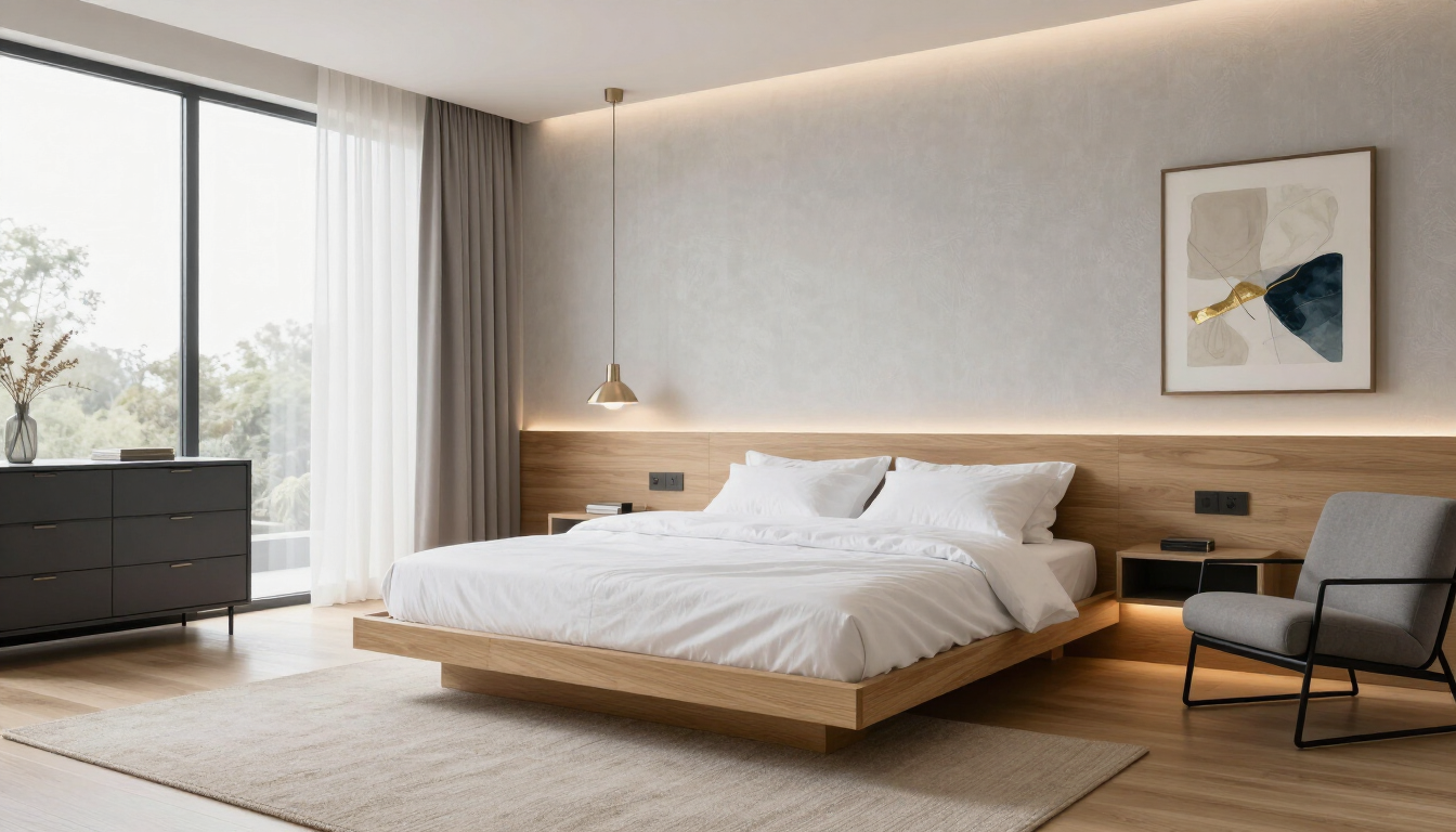 Modern minimalist bedroom with a low wooden bed, large window, dresser, armchair, and neutral decor