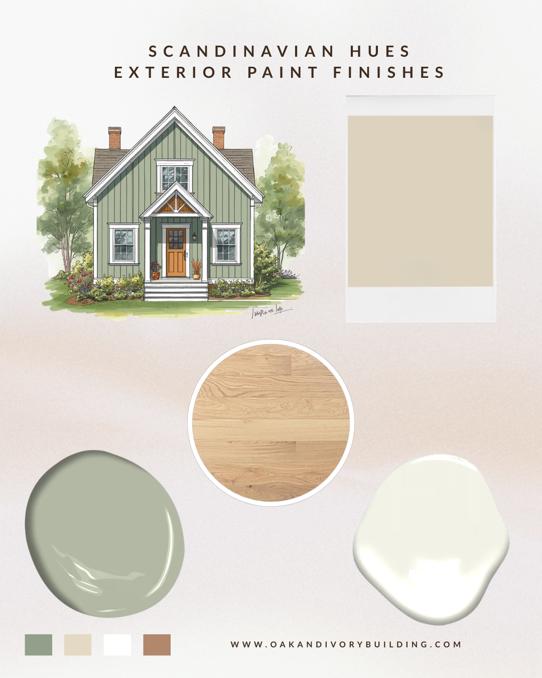 Scandinavian house exterior paint finishes with soft green, beige, wood, and cream color samples.