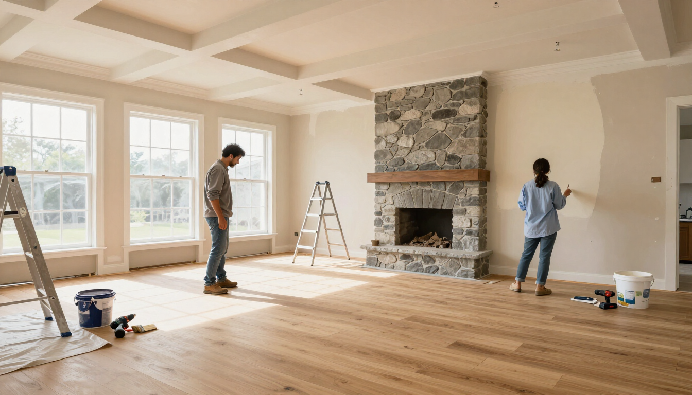 Workers renovating a bright living room with hardwood floors, ladders, and a stone fireplace.
