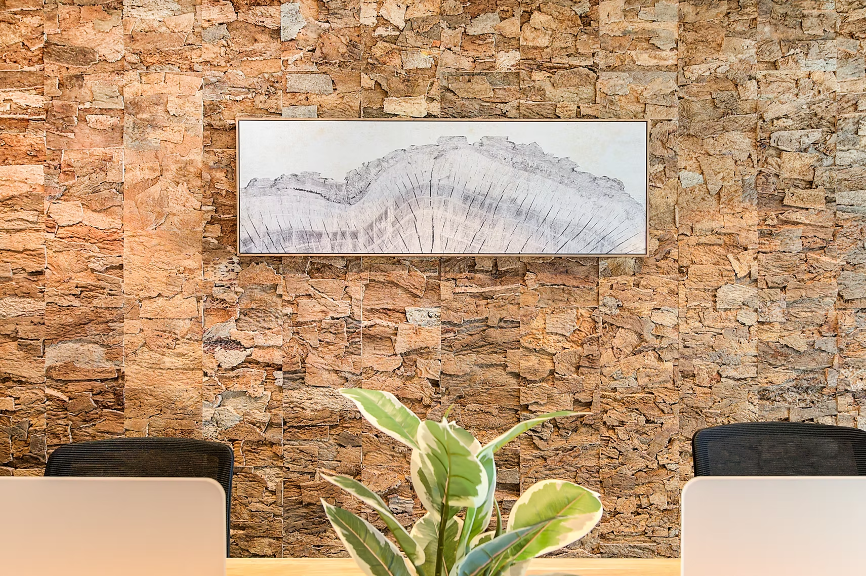 Modern office interior with stone wall, mountain artwork, plants, and laptop desks