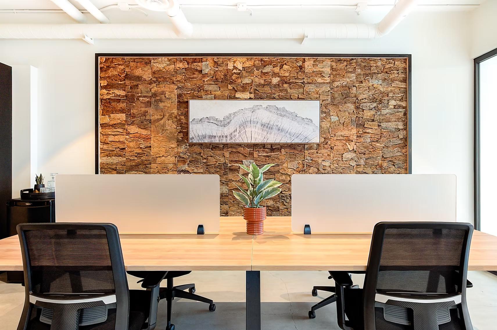 Modern office conference room with wooden table, chairs, plants, and abstract wall art