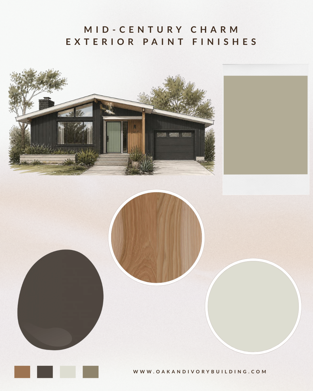 Mid-century home exterior paint palette with beige, brown, wood, and cream swatches