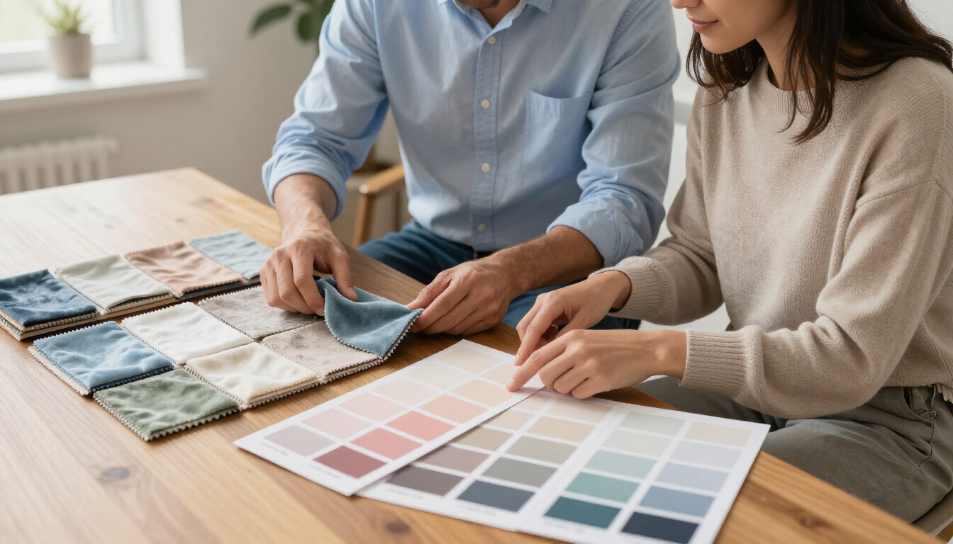 Two people compare fabric swatches and color samples on a table in a bright room.