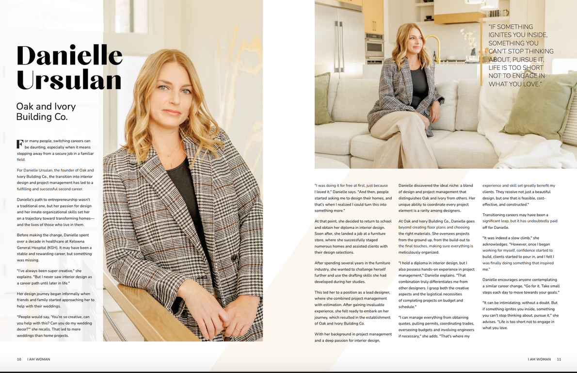 Magazine article spread featuring a blonde woman seated in a patterned jacket, with text and a second pose on the right.