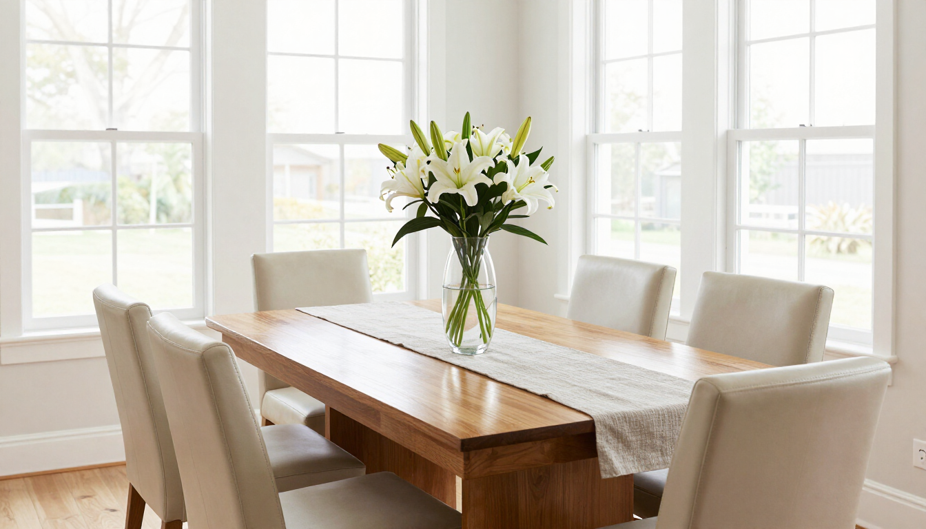 Bright dining room with a wooden table, cream chairs, and a vase of white flowers by large windows