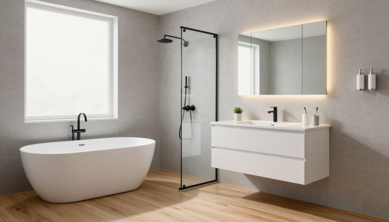 Modern bathroom with freestanding tub, glass shower, floating vanity, and large window over wood floor.