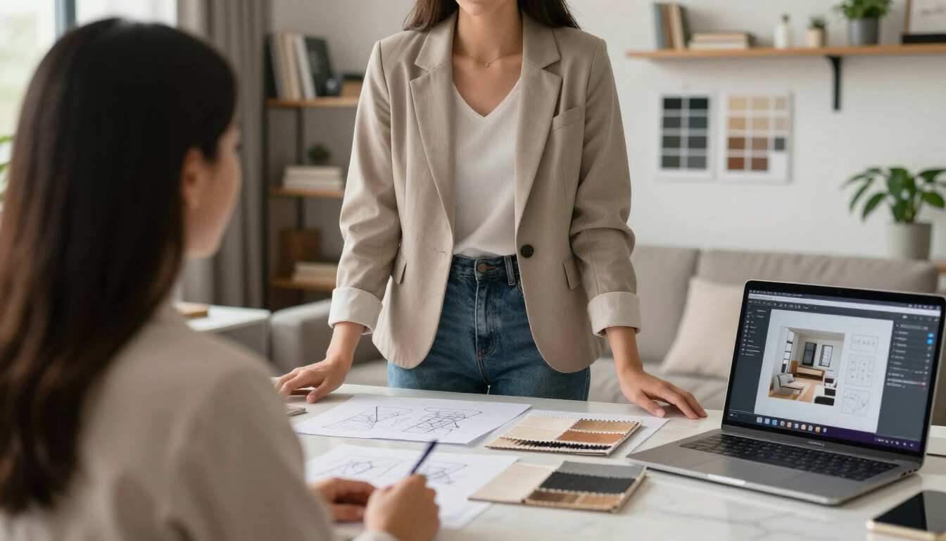 Two people discussing design layouts at a desk with a laptop in a bright office