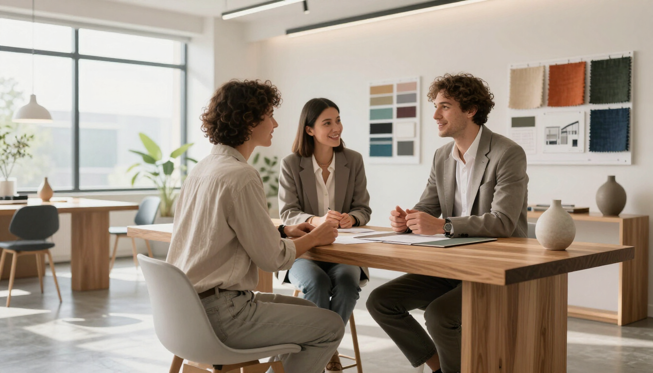 Three people in a bright office meeting around a wooden table with sample boards on the wall