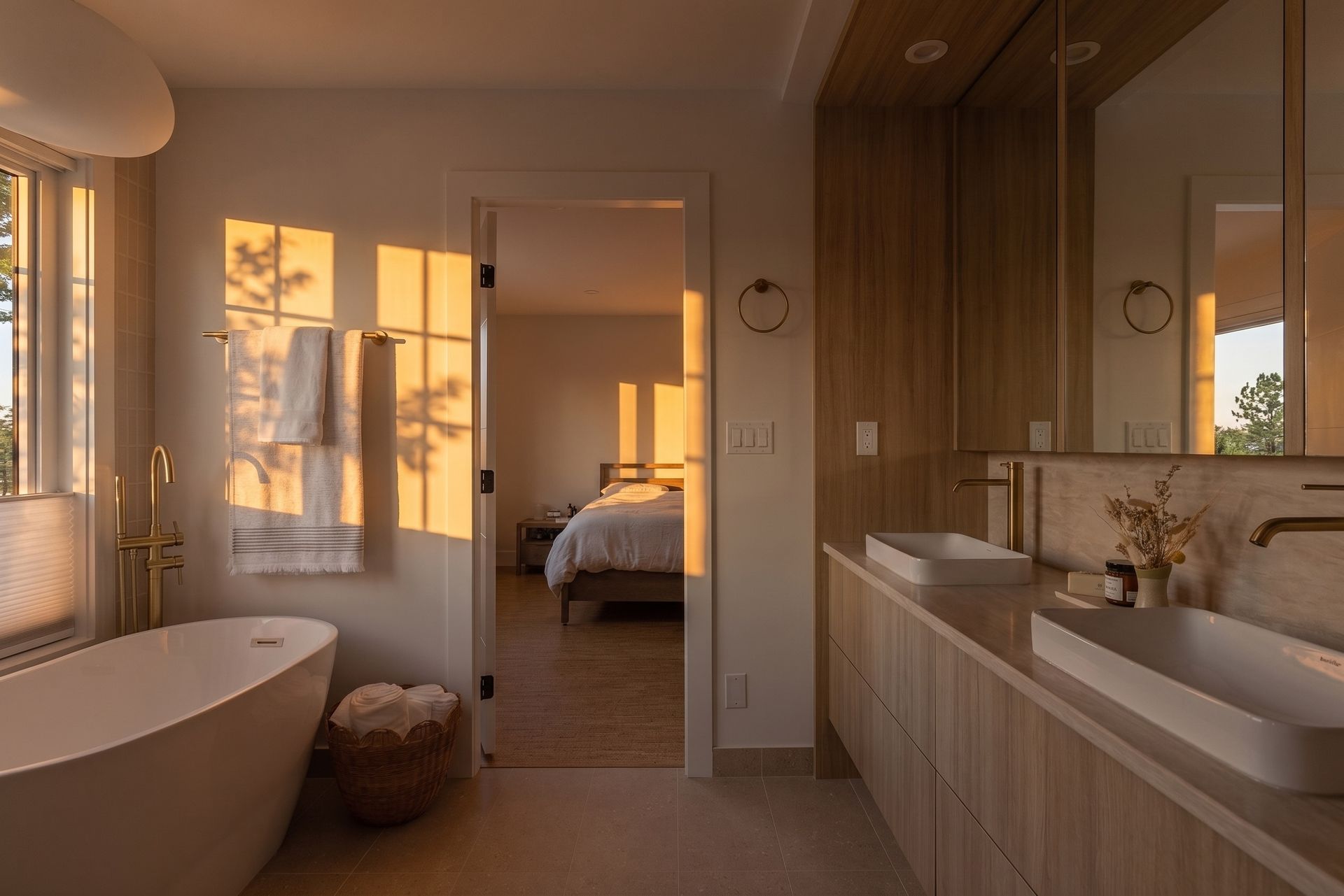 Sunlit modern bathroom with wood vanity, freestanding tub, and open doorway to a bedroom