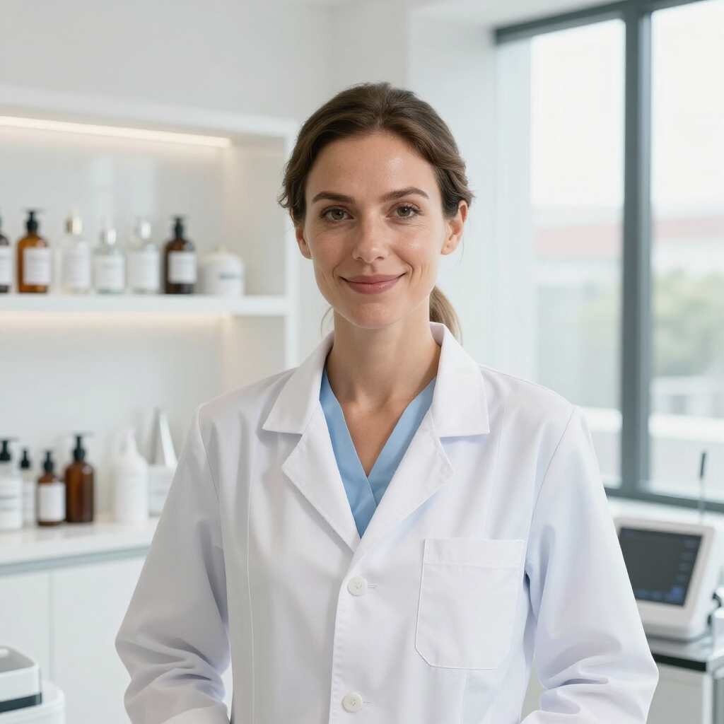 Smiling esthetics professional in a white lab coat standing in a bright esthetics studio