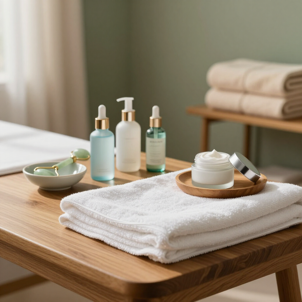 Spa toiletries on a wooden table with folded towels, a cream jar, and bottles near a window