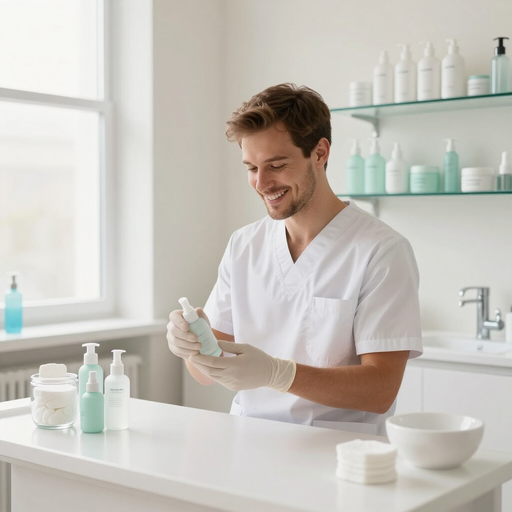 Person in a white coat and gloves inspecting a cosmetic bottle at a bright esthetics studio counter.