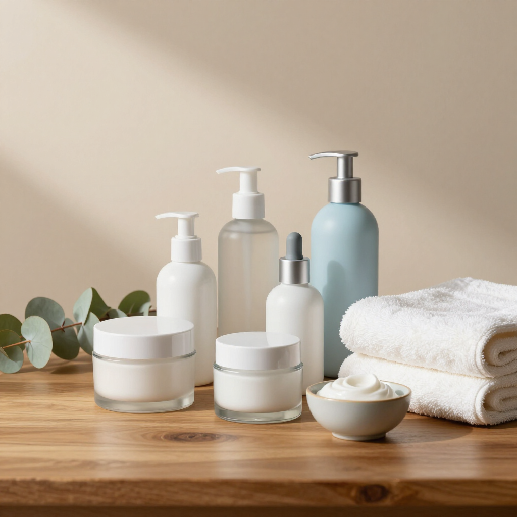 Spa toiletries and folded white towels on a wooden table with soft beige background