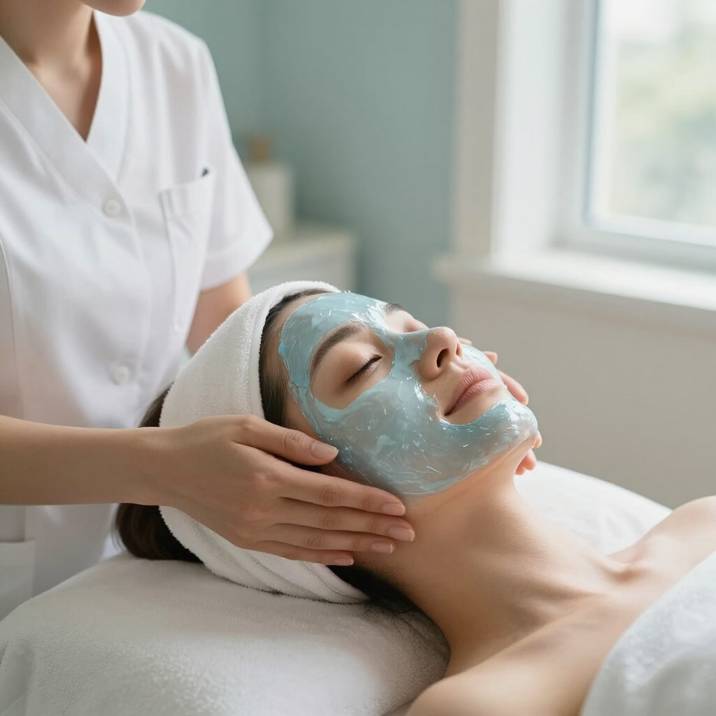 Spa therapist applying blue facial mask to a reclining client in a bright treatment room