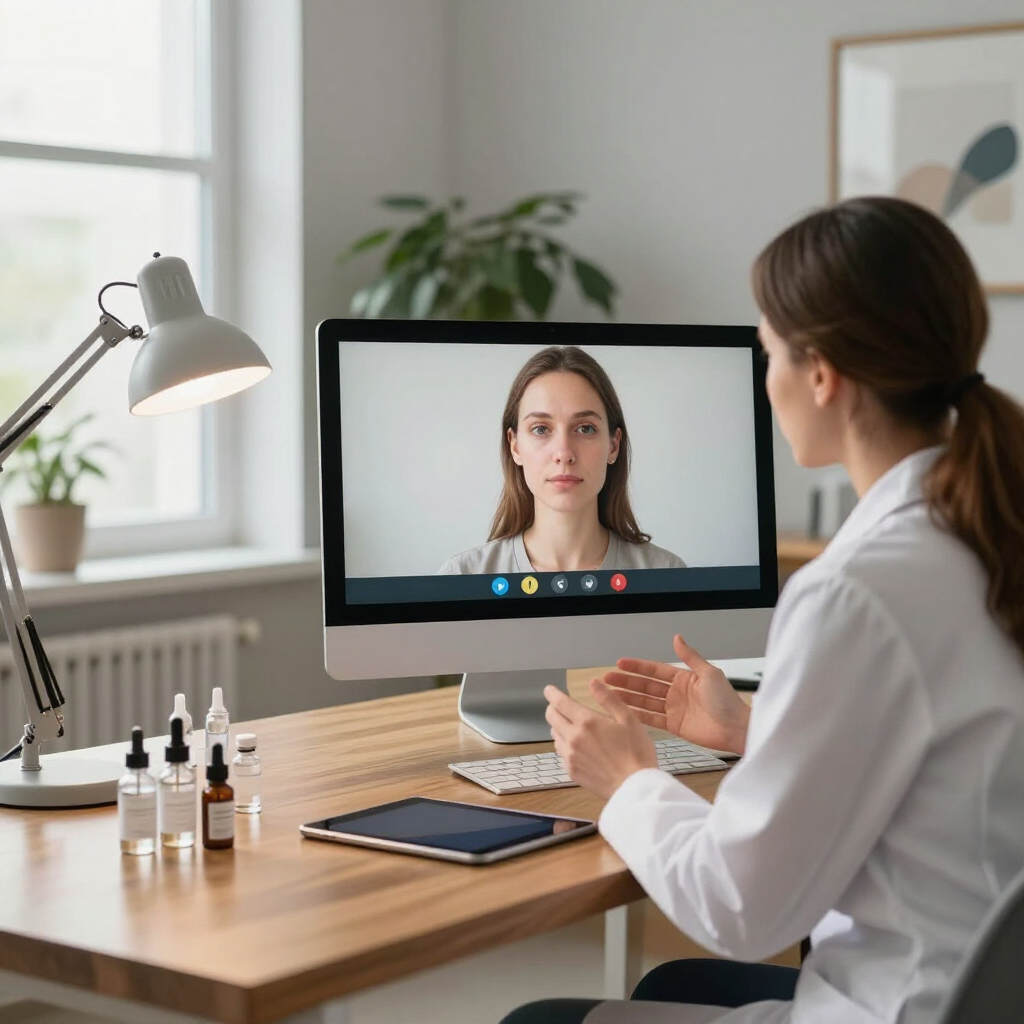 Virtual skin care consultation in a bright office, with a woman speaking to an esthetician on a desktop video call.