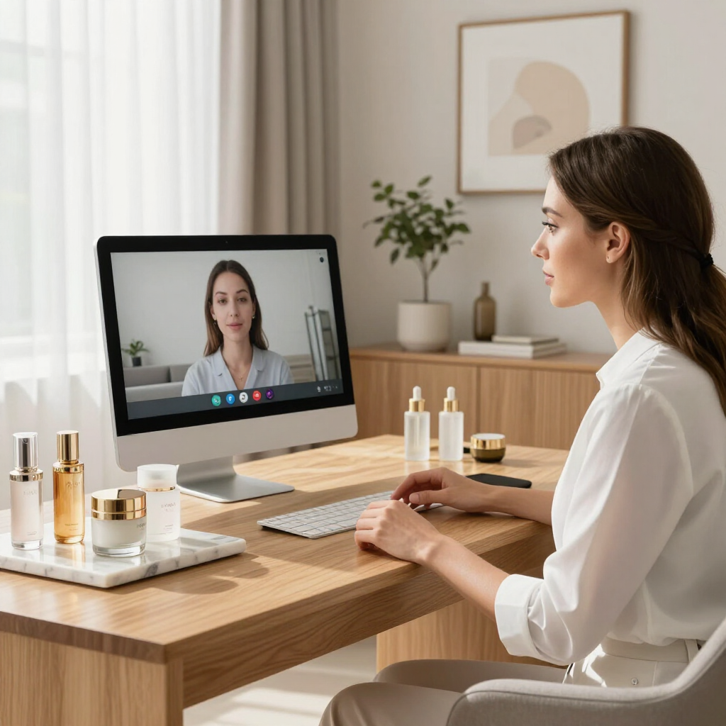 Woman video chats with a skincare esthetician during a virtual consultation at a tidy vanity desk with bottles and a monitor