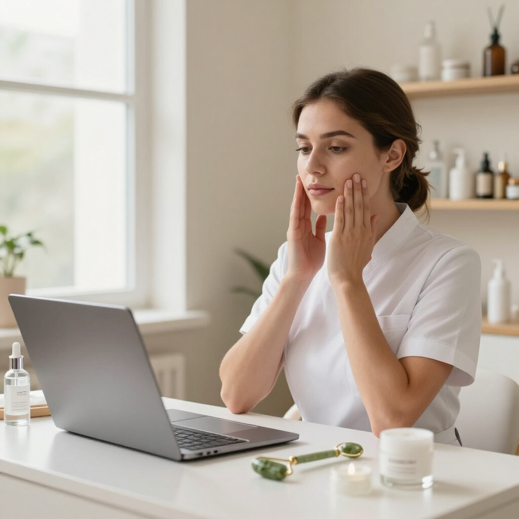Esthetician applying skincare while looking at a laptop in a bright, tidy room during a virtual consultation