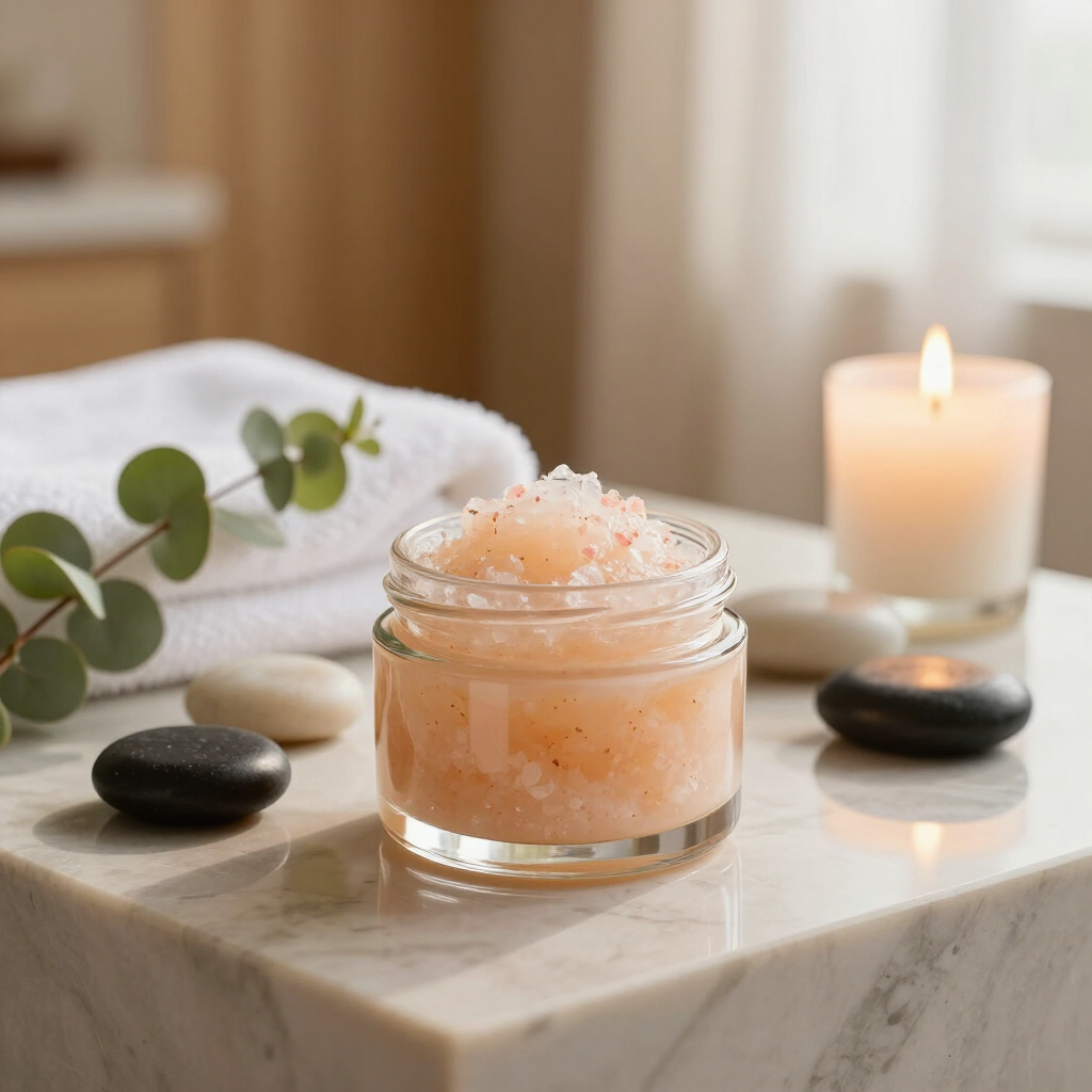 Pink bath salt scrub in a glass jar beside a lit candle and towel on a spa tray