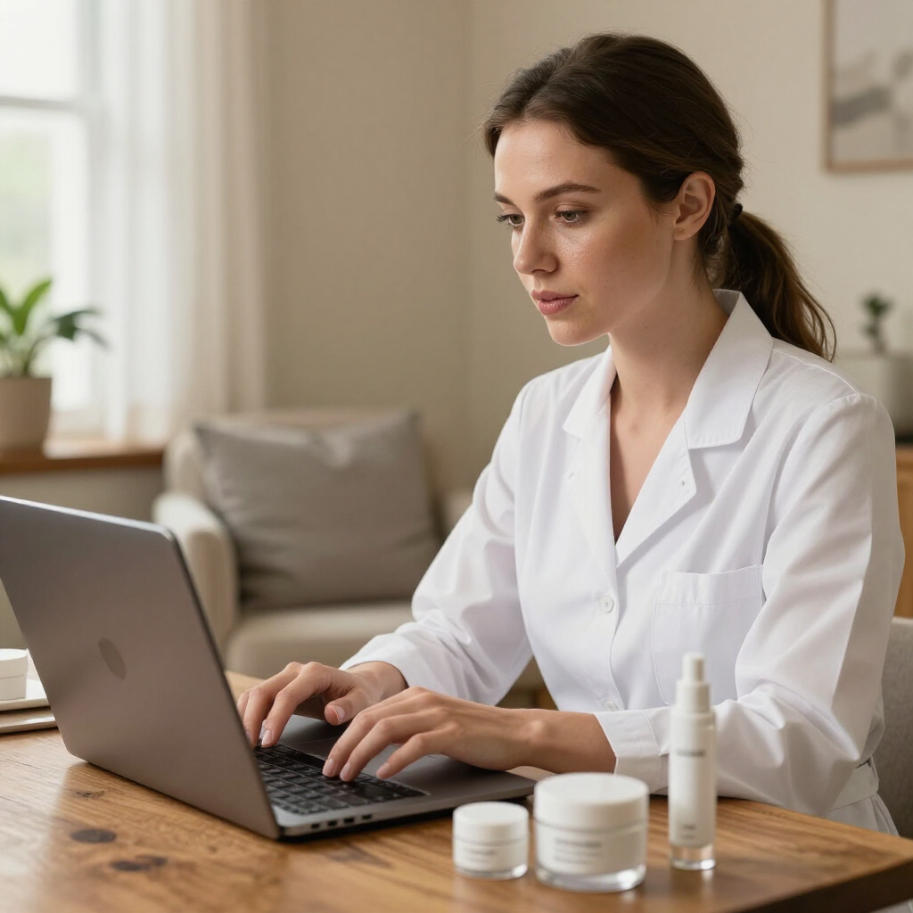 Person in a white lab coat typing on a laptop at a desk with skincare bottles nearby for virtual consultation
