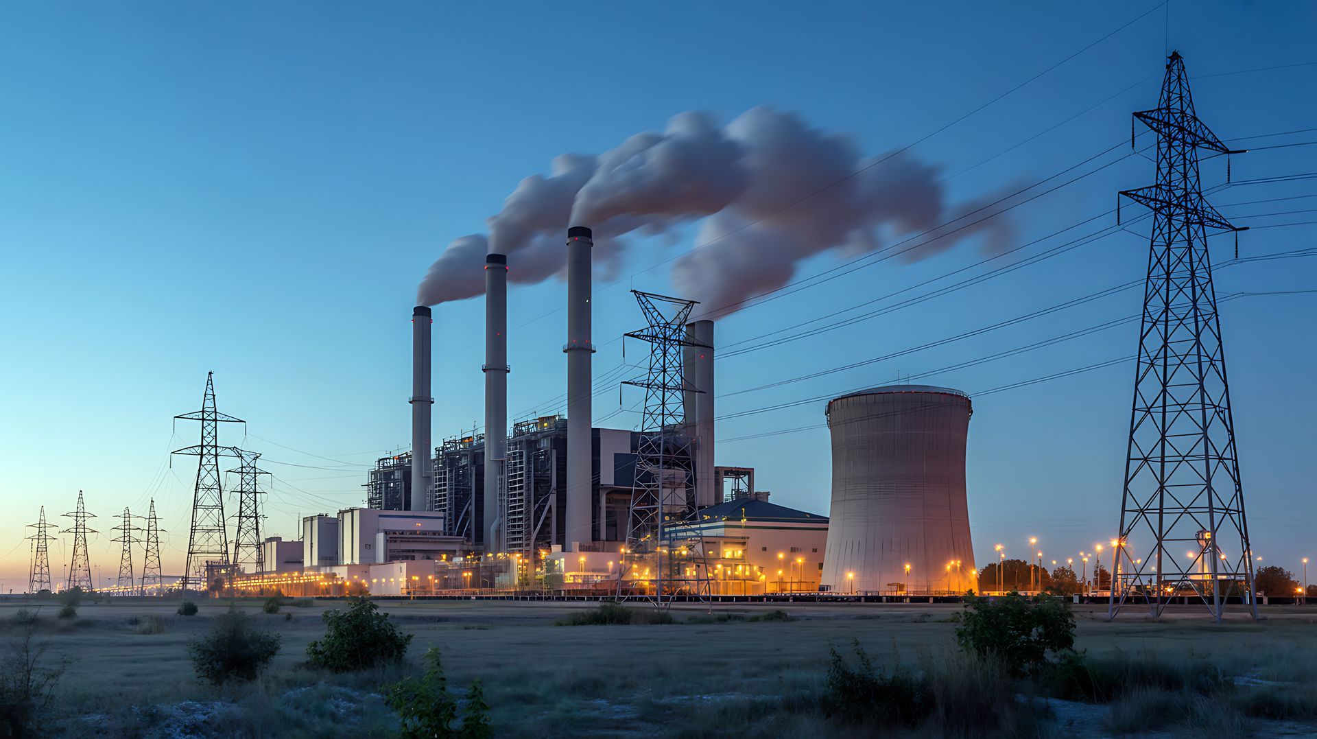 Fossil fuel power plant with smokestacks and cooling tower.