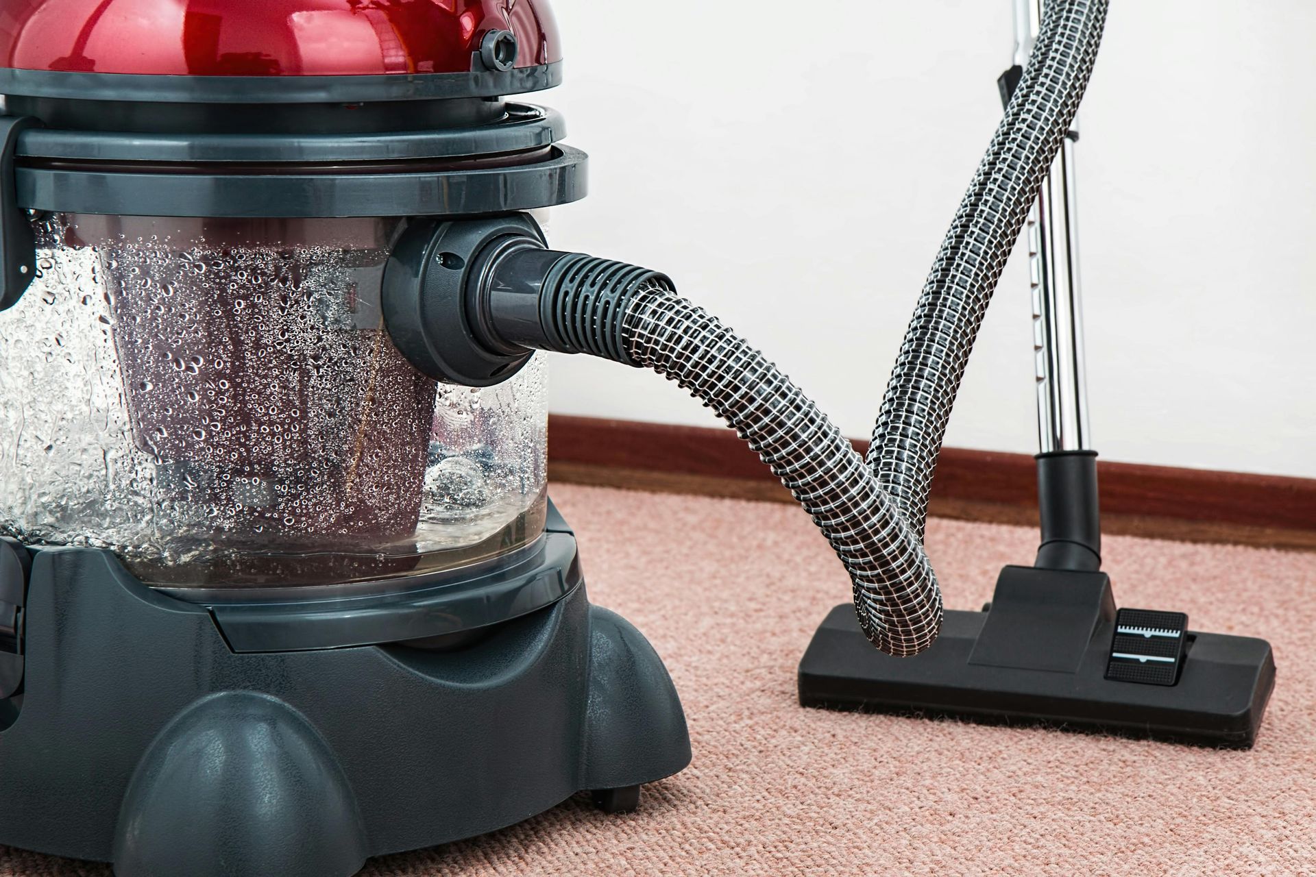 A red and black wet/dry vacuum cleaner on a pink carpet.