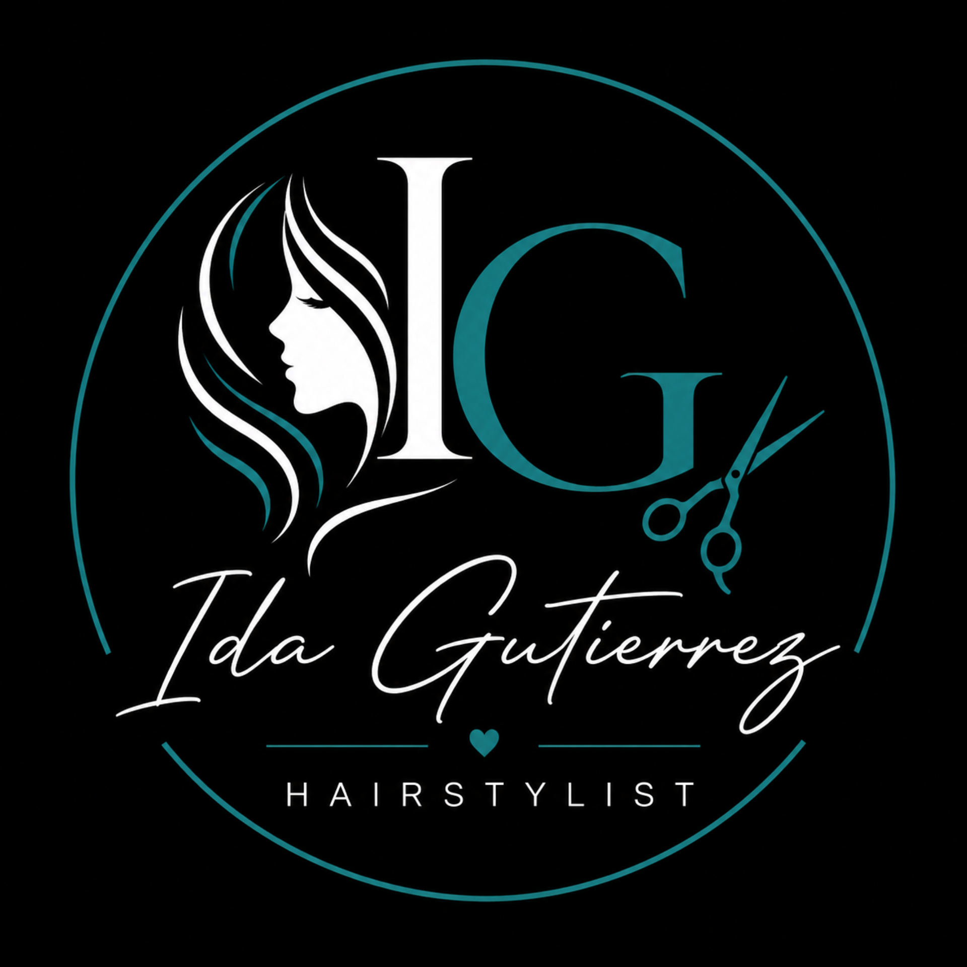 Black circular logo for Ida Gutierrez Hairstylist with teal accents, scissors, and stylized initials IG