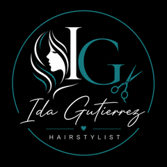 Black circular logo for Ida Gutierrez Hairstylist with teal accents, scissors, and stylized initials IG