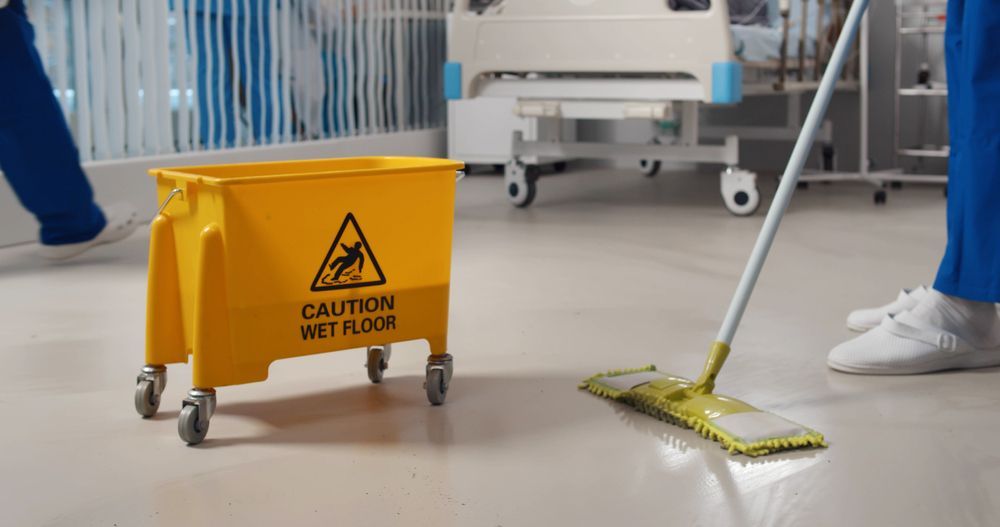 Yellow wet floor sign beside a person mopping a clean floor in a bright room