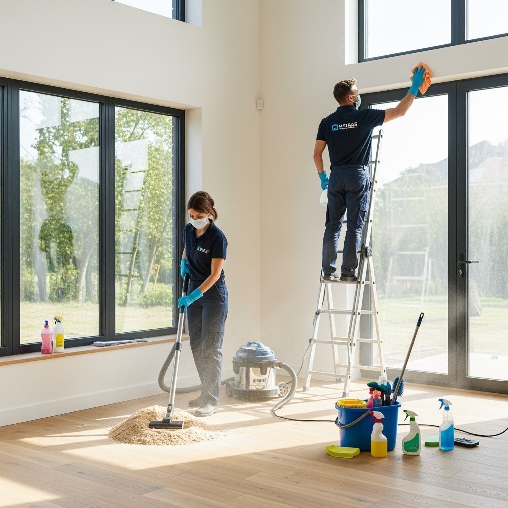 Two cleaners with a vacuum and ladder cleaning large windows in a bright room