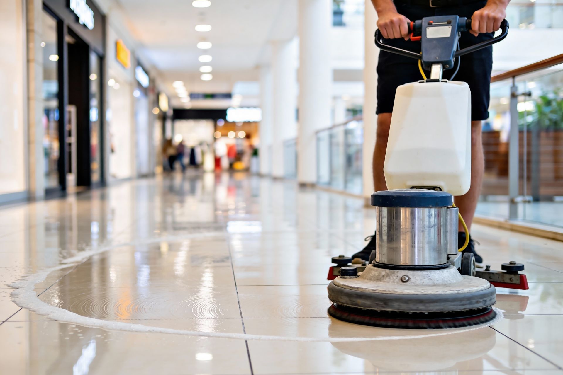 Floor buffer cleaning a mall corridor, with a worker pushing it across a shiny tiled floor.