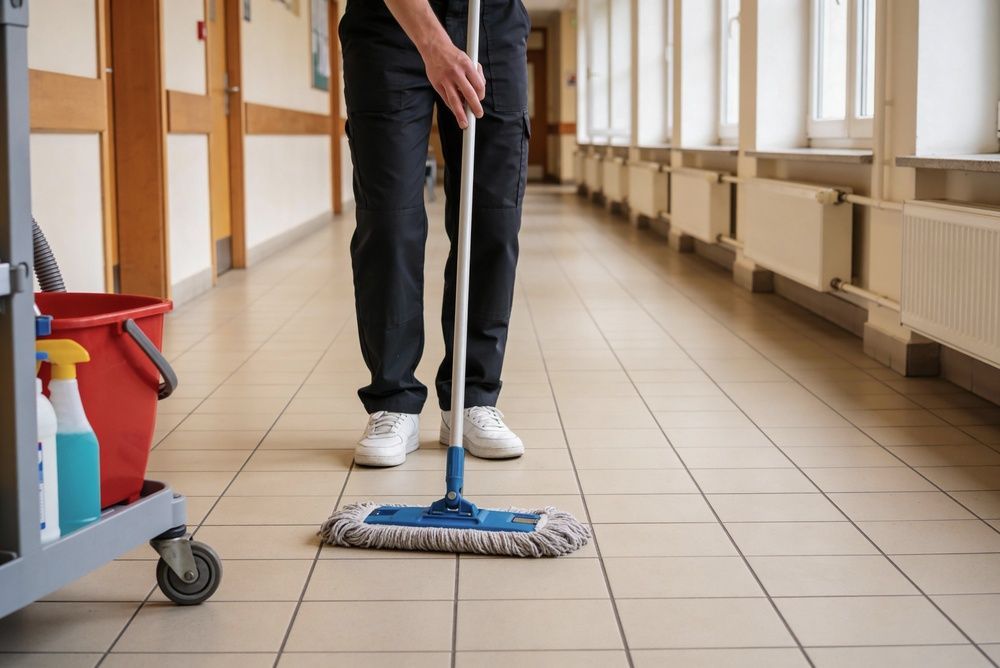 Person mopping a tiled hallway with a blue mop and cleaning supplies nearby