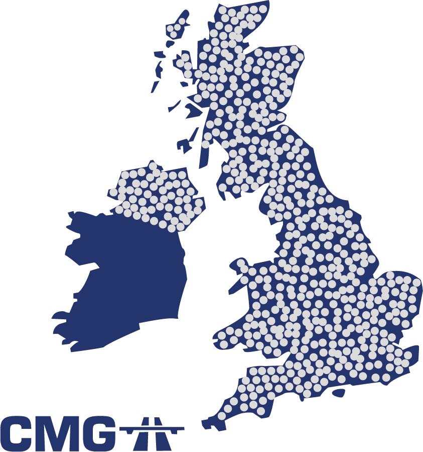 Stylized map of Great Britain and Ireland in blue and white dots with CMG logo at bottom left