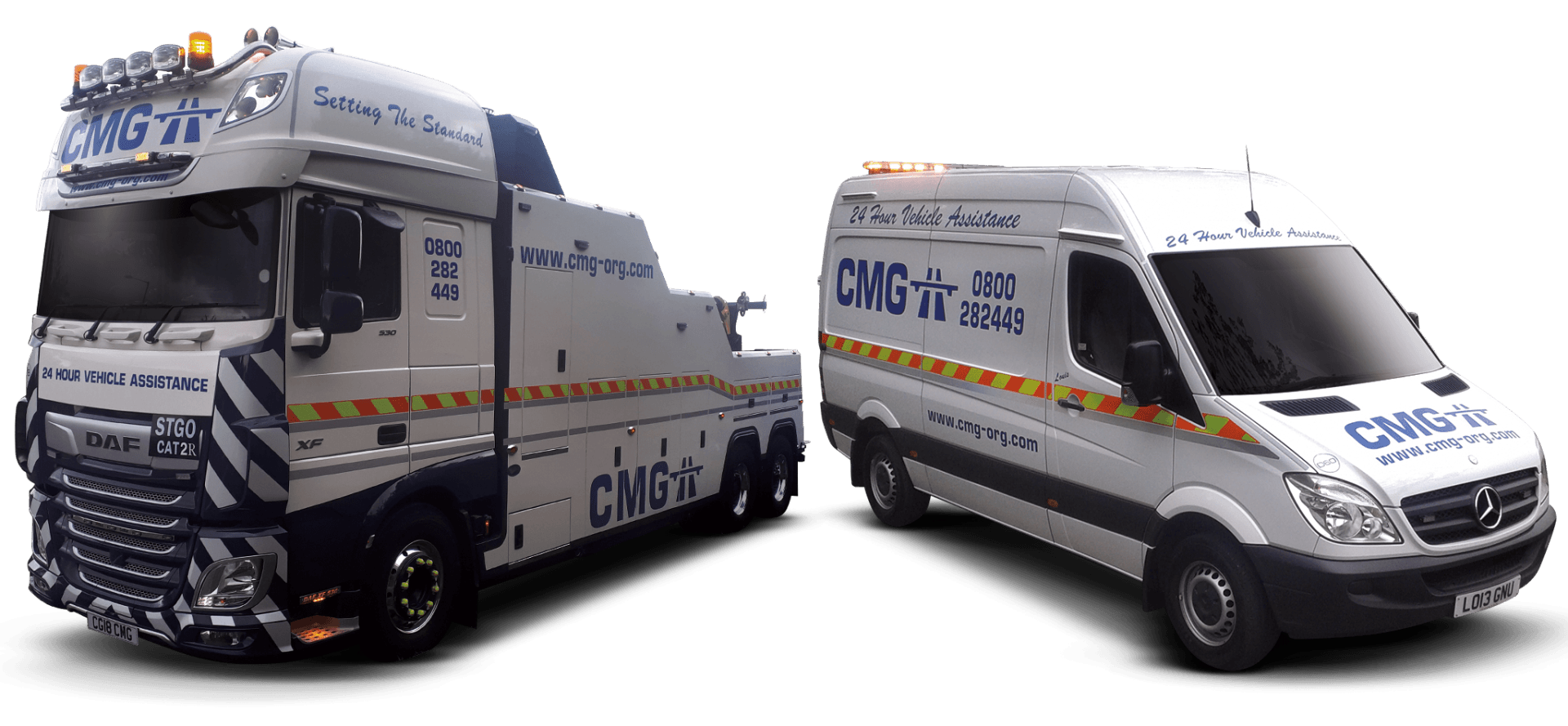 a tow truck and a van with cmg written on them