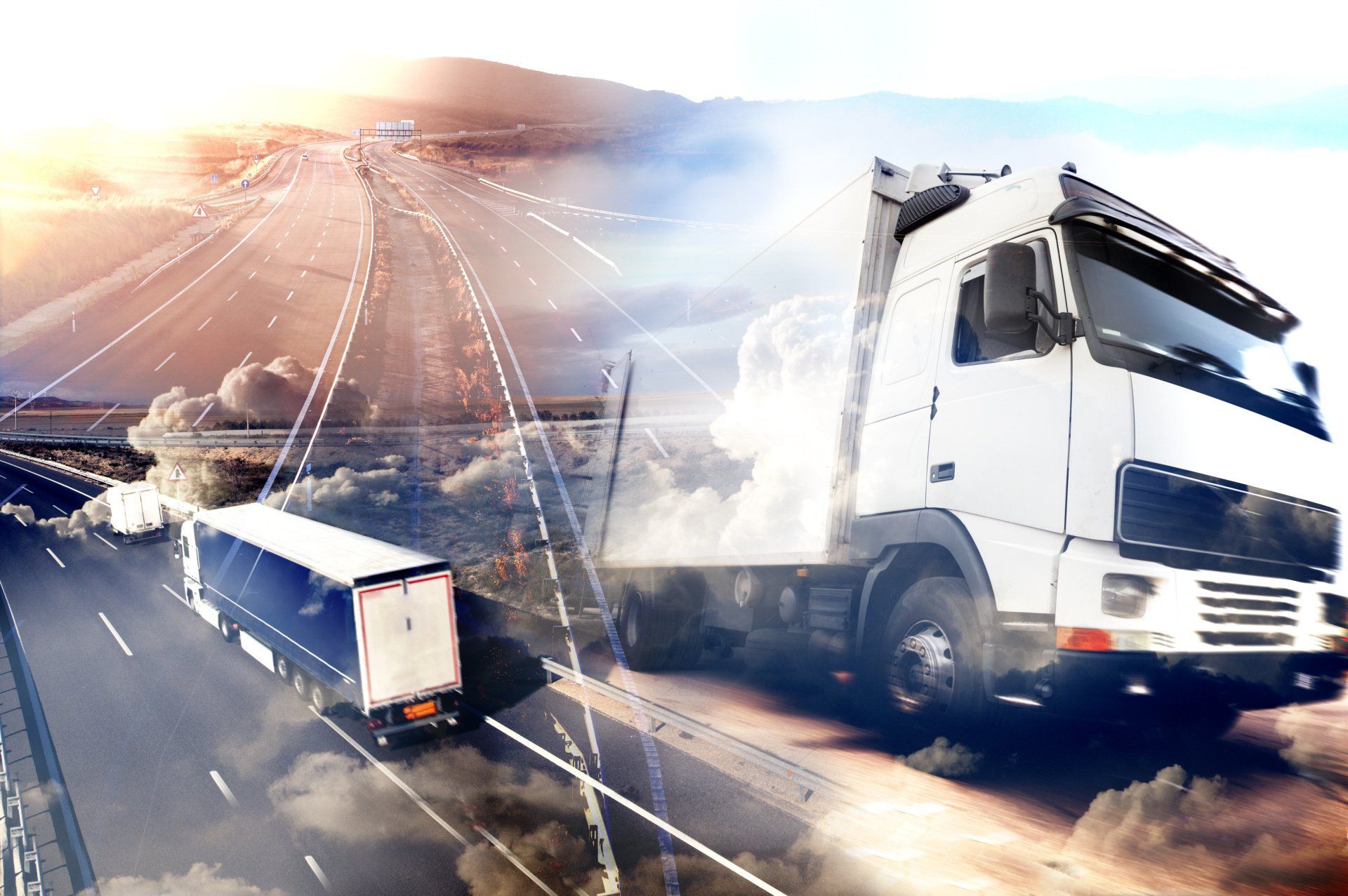 a white semi truck is driving down a highway