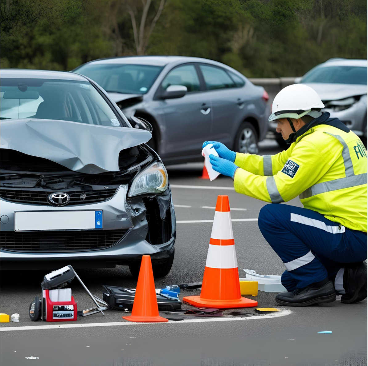 A man in a yellow jacket is kneeling in front of a damaged car