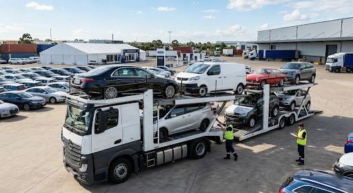 Car carrier truck loaded with cars in a busy parking lot, with workers directing traffic nearby
