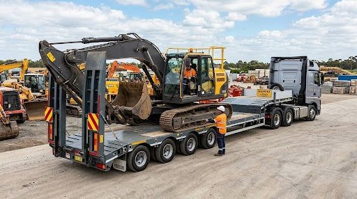 Excavator loaded on a lowboy trailer with workers securing it at a construction site.