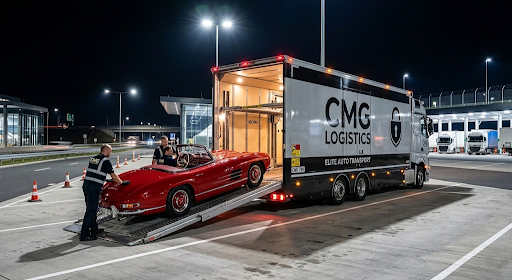 CMG recovery technician loading a prestige vehicle into a fully enclosed, solid-sided transporter