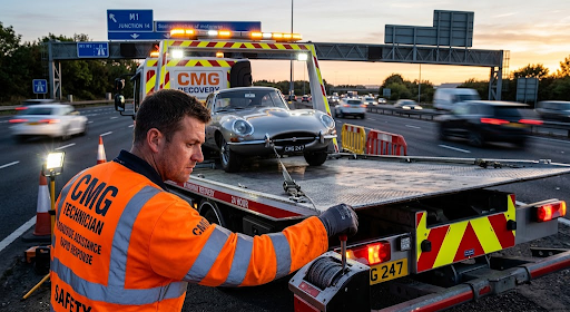 Professional CMG technician operating a flatbed tow truck winching system on a UK motorway shoulder at dusk, conveying rapid response.